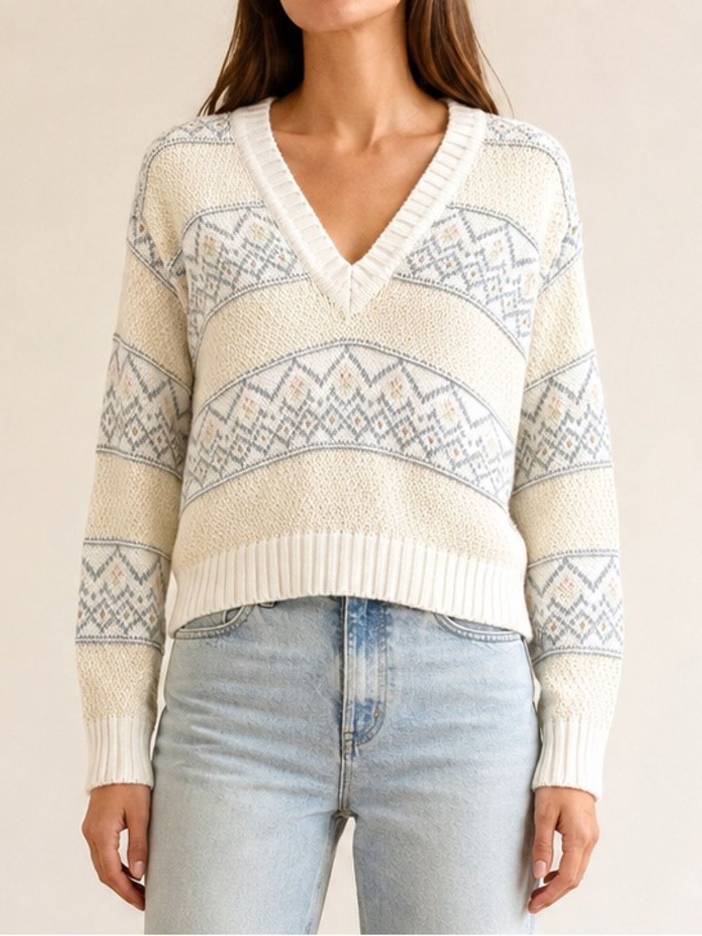 Vintage Liz Sport Sweater Petite P XS Cream Pastel Fair Isle Cotton V Neck